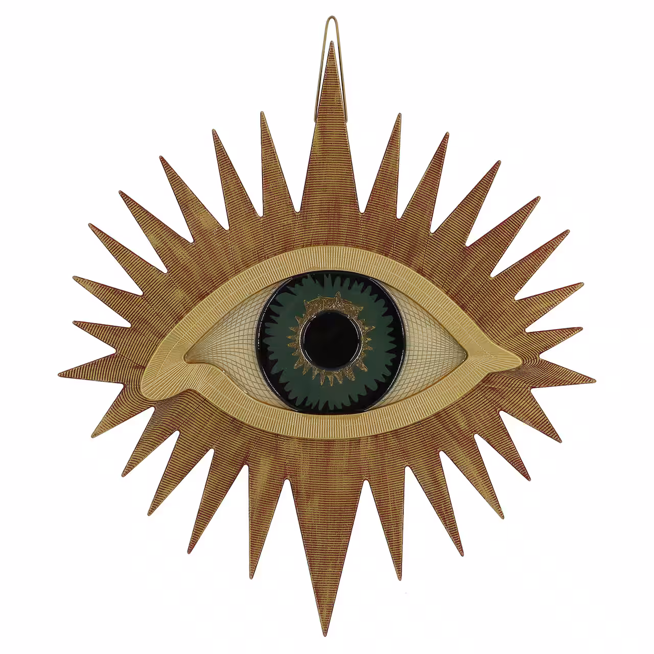 A large gold sunburst wall decor piece with a mystical eye at its center