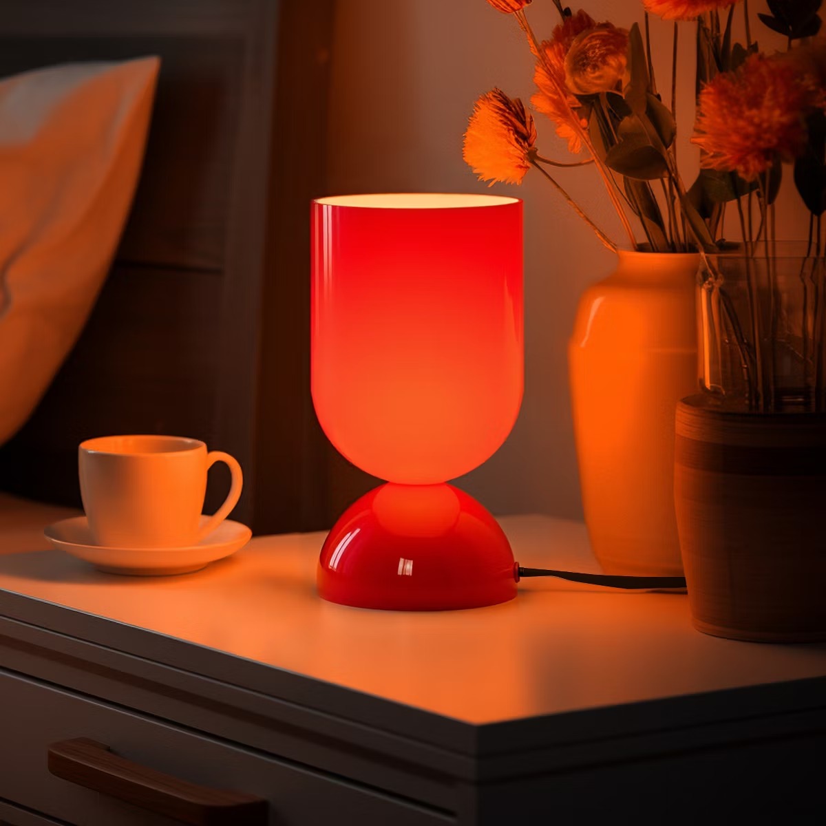 A Small Red Glass Lamp That Looks Like a Poured Potion