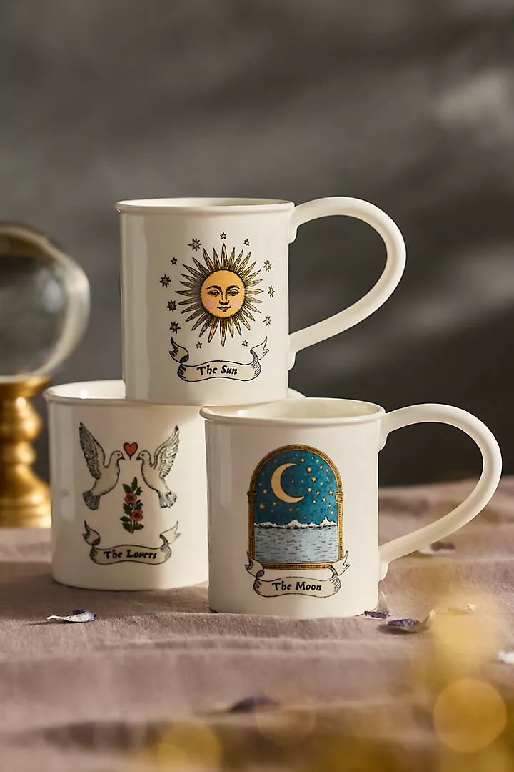 A stoneware mug illustrated with The Moon tarot card
